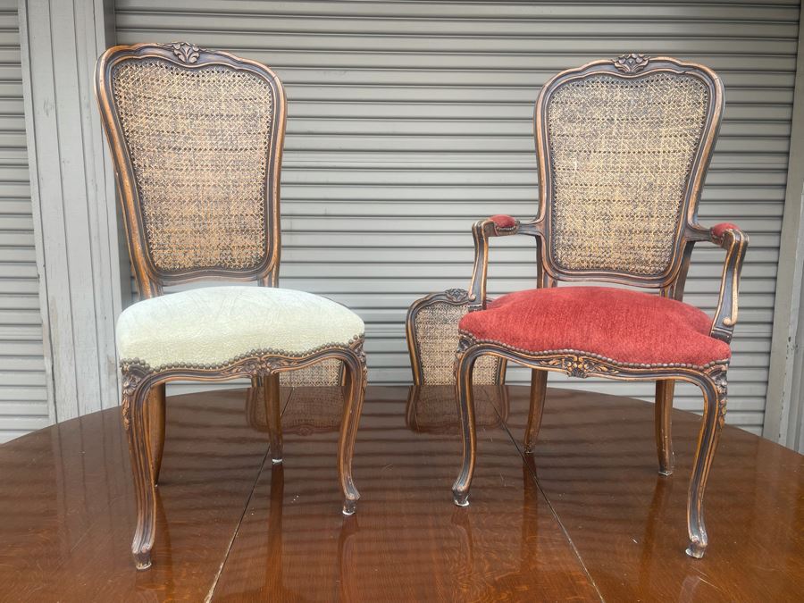 Elegant French Round Tiger Oak Dining Table With Single Leaf And Six Cane Back Chairs Table Is 66W X 94L (With Leaf) X 30H [Photo 13]