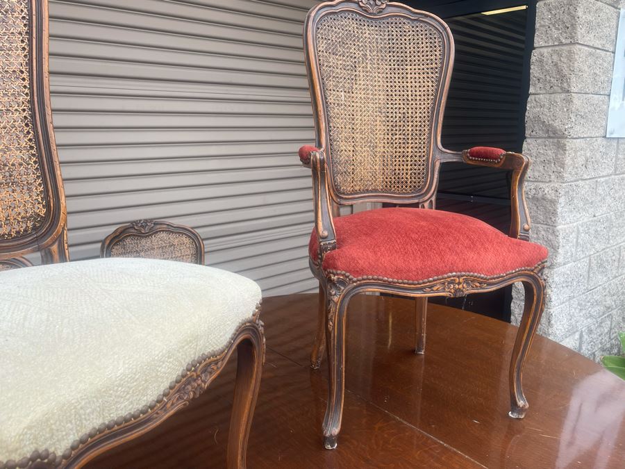 Elegant French Round Tiger Oak Dining Table With Single Leaf And Six Cane Back Chairs Table Is 66W X 94L (With Leaf) X 30H [Photo 16]