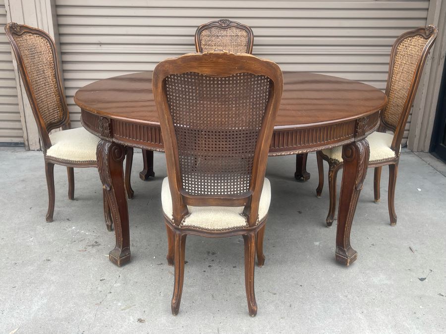 Elegant French Round Tiger Oak Dining Table With Single Leaf And Six Cane Back Chairs Table Is 66W X 94L (With Leaf) X 30H [Photo 2]