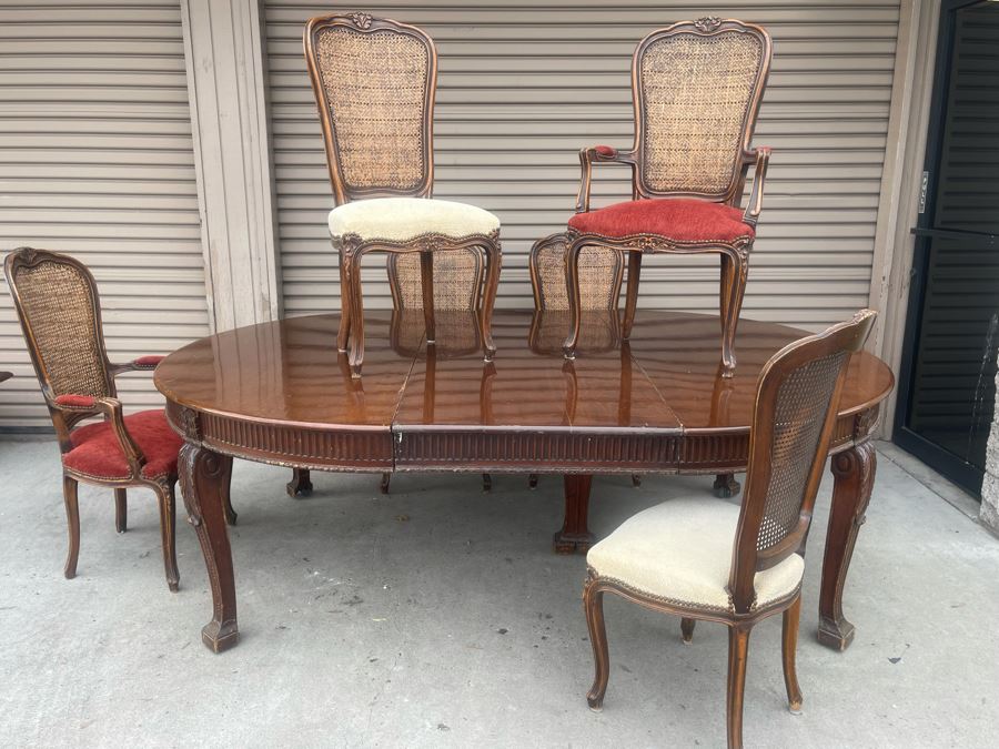 Elegant French Round Tiger Oak Dining Table With Single Leaf And Six Cane Back Chairs Table Is 66W X 94L (With Leaf) X 30H [Photo 11]