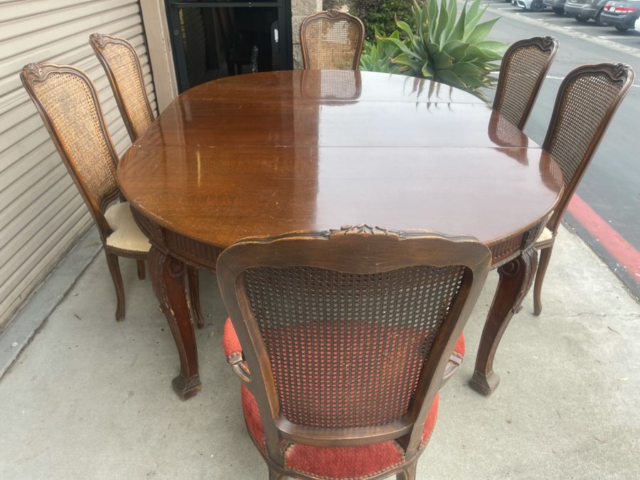 Elegant French Round Tiger Oak Dining Table With Single Leaf And Six Cane Back Chairs Table Is 66W X 94L (With Leaf) X 30H [Photo 8]