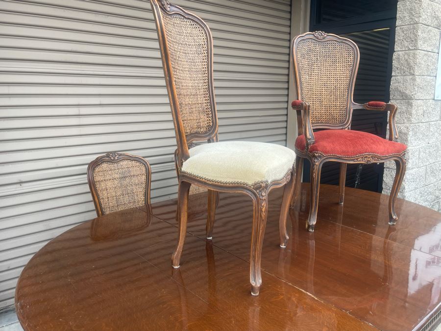 Elegant French Round Tiger Oak Dining Table With Single Leaf And Six Cane Back Chairs Table Is 66W X 94L (With Leaf) X 30H [Photo 17]