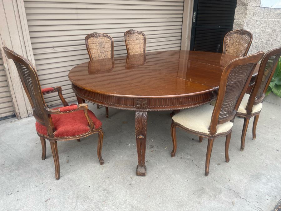 Elegant French Round Tiger Oak Dining Table With Single Leaf And Six Cane Back Chairs Table Is 66W X 94L (With Leaf) X 30H [Photo 6]