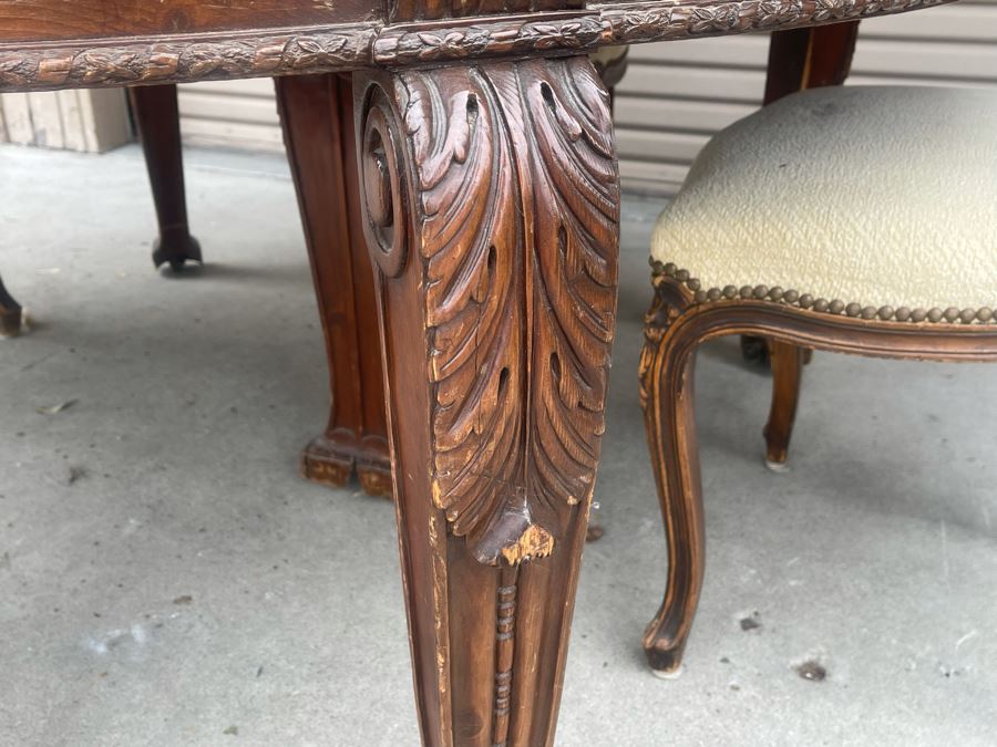 Elegant French Round Tiger Oak Dining Table With Single Leaf And Six Cane Back Chairs Table Is 66W X 94L (With Leaf) X 30H [Photo 31]