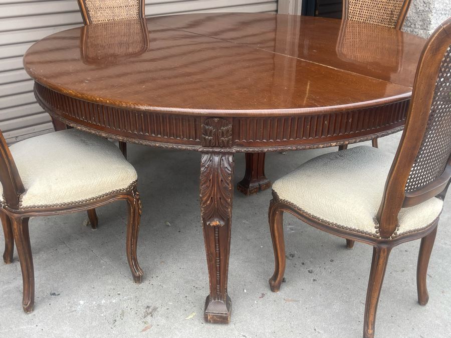 Elegant French Round Tiger Oak Dining Table With Single Leaf And Six Cane Back Chairs Table Is 66W X 94L (With Leaf) X 30H [Photo 29]