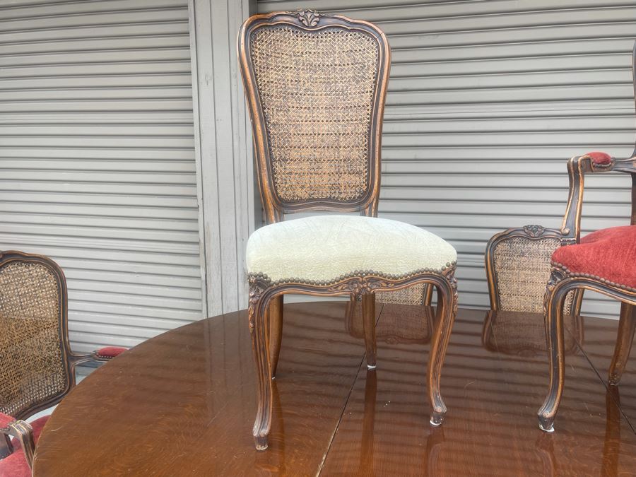 Elegant French Round Tiger Oak Dining Table With Single Leaf And Six Cane Back Chairs Table Is 66W X 94L (With Leaf) X 30H [Photo 15]