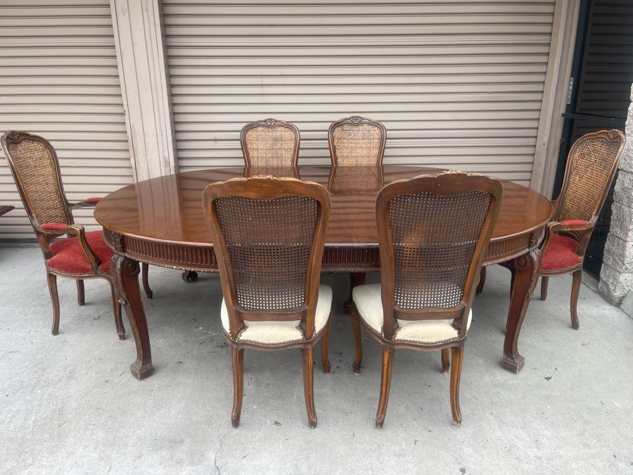 Elegant French Round Tiger Oak Dining Table With Single Leaf And Six Cane Back Chairs Table Is 66W X 94L (With Leaf) X 30H [Photo 4]