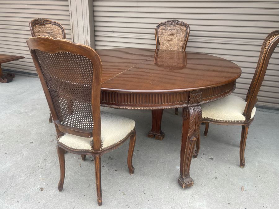 Elegant French Round Tiger Oak Dining Table With Single Leaf And Six Cane Back Chairs Table Is 66W X 94L (With Leaf) X 30H [Photo 24]