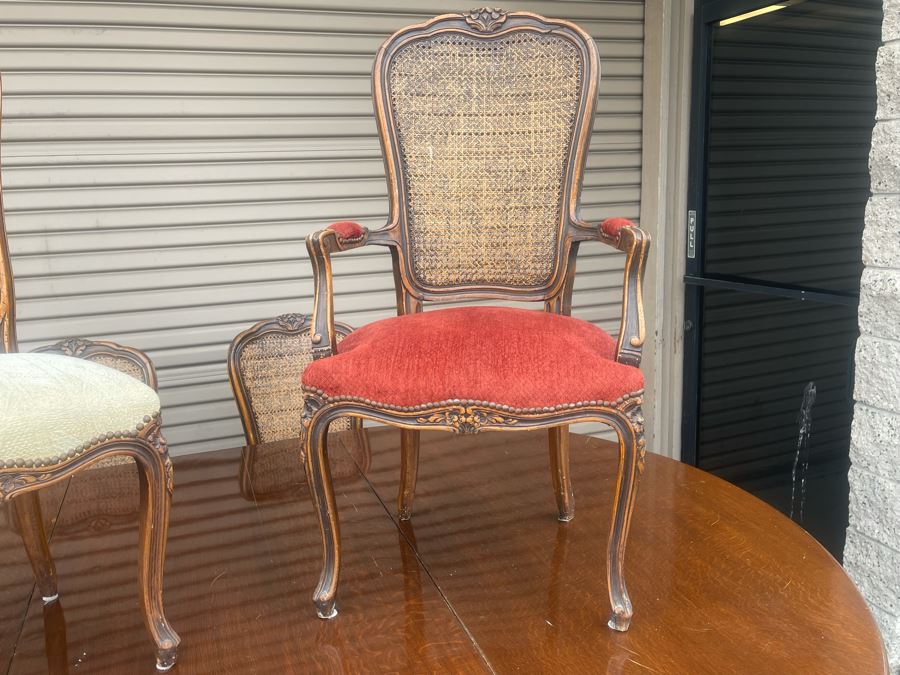 Elegant French Round Tiger Oak Dining Table With Single Leaf And Six Cane Back Chairs Table Is 66W X 94L (With Leaf) X 30H [Photo 14]