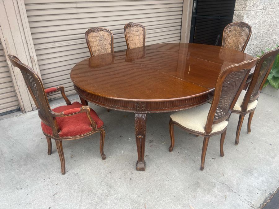 Elegant French Round Tiger Oak Dining Table With Single Leaf And Six Cane Back Chairs Table Is 66W X 94L (With Leaf) X 30H [Photo 7]