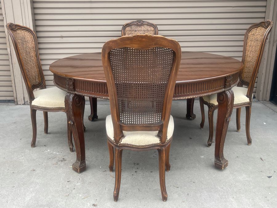 Elegant French Round Tiger Oak Dining Table With Single Leaf And Six Cane Back Chairs Table Is 66W X 94L (With Leaf) X 30H [Photo 27]