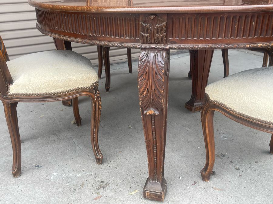 Elegant French Round Tiger Oak Dining Table With Single Leaf And Six Cane Back Chairs Table Is 66W X 94L (With Leaf) X 30H [Photo 28]