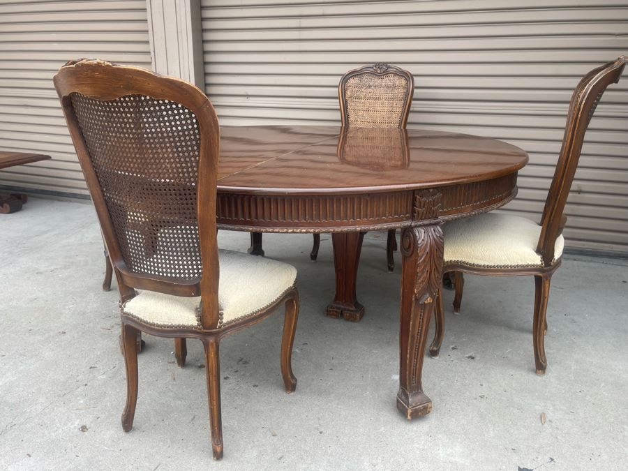 Elegant French Round Tiger Oak Dining Table With Single Leaf And Six Cane Back Chairs Table Is 66W X 94L (With Leaf) X 30H [Photo 25]