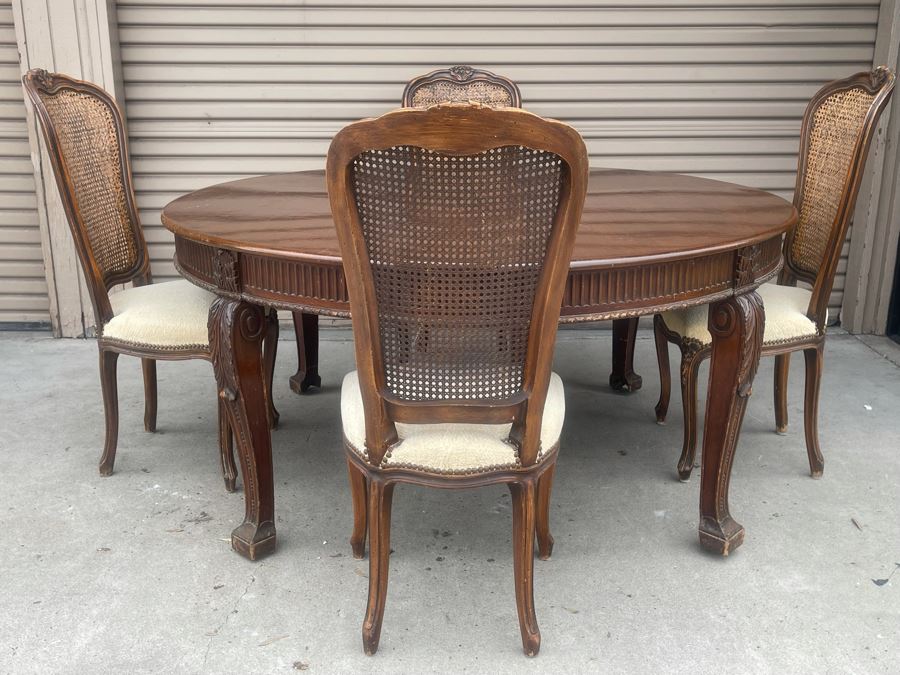 Elegant French Round Tiger Oak Dining Table With Single Leaf And Six Cane Back Chairs Table Is 66W X 94L (With Leaf) X 30H [Photo 26]