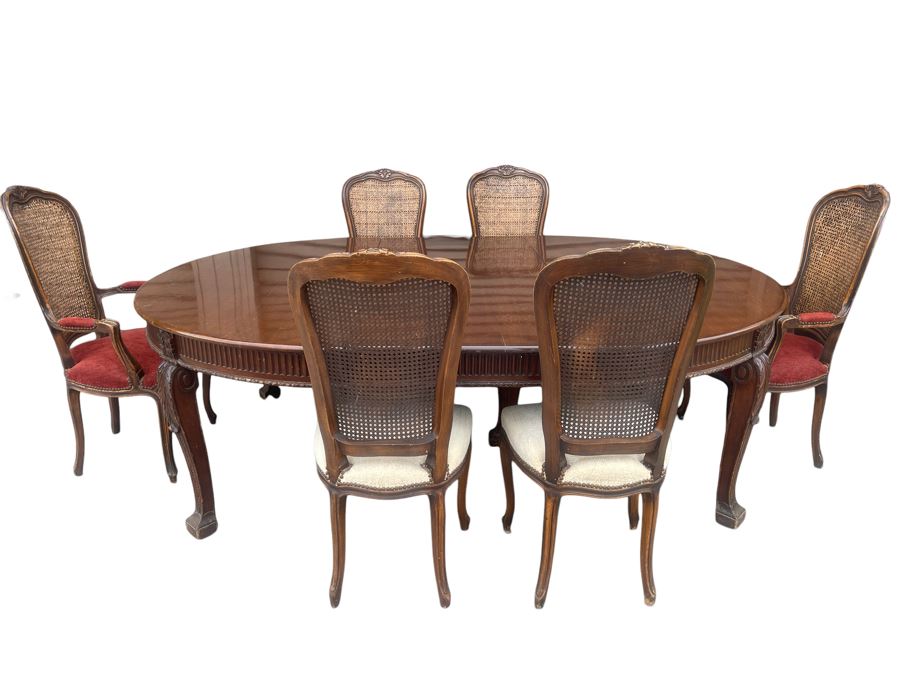 Elegant French Round Tiger Oak Dining Table With Single Leaf And Six Cane Back Chairs Table Is 66W X 94L (With Leaf) X 30H