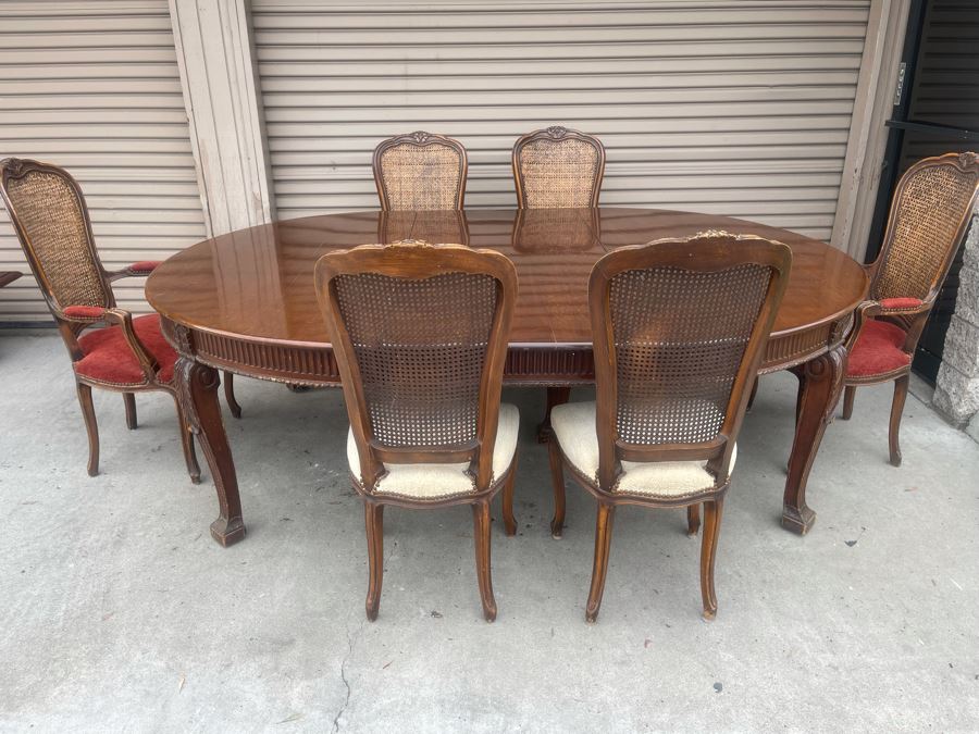 Elegant French Round Tiger Oak Dining Table With Single Leaf And Six Cane Back Chairs Table Is 66W X 94L (With Leaf) X 30H [Photo 5]