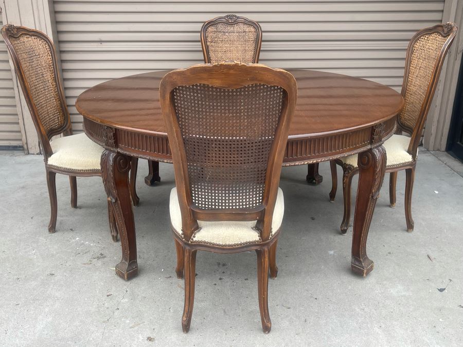 Elegant French Round Tiger Oak Dining Table With Single Leaf And Six Cane Back Chairs Table Is 66W X 94L (With Leaf) X 30H [Photo 23]