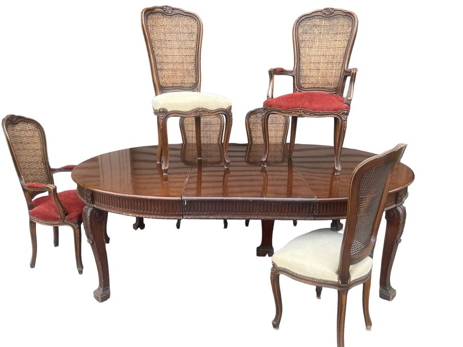 Elegant French Round Tiger Oak Dining Table With Single Leaf And Six Cane Back Chairs Table Is 66W X 94L (With Leaf) X 30H [Photo 3]