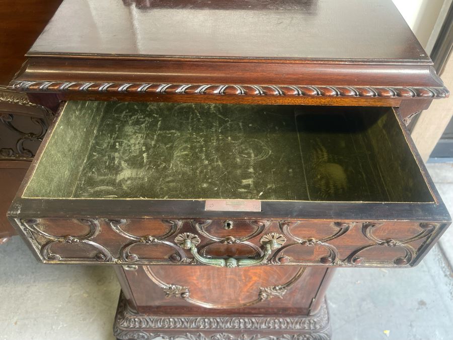 Exquisite Antique Carved Mahogany Wooden Pedestal Sideboard Buffet With Ball And Claw Feet And Felt Lined Silver Storage Compartments (Middle Section Is Supported By Dowels And Needs To Be Screwed In) 95W X 26D X 59H [Photo 18]