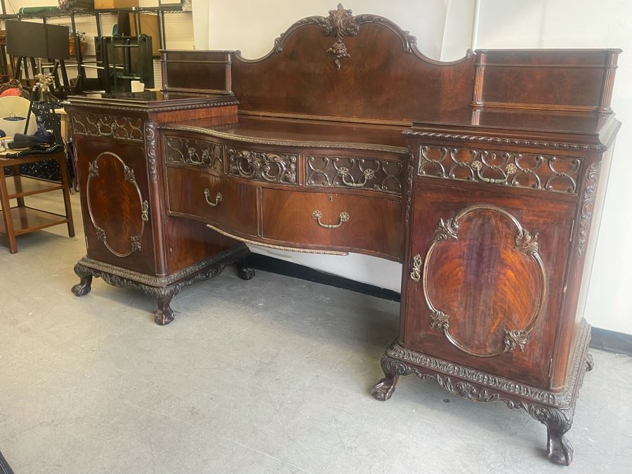 Exquisite Antique Carved Mahogany Wooden Pedestal Sideboard Buffet With Ball And Claw Feet And Felt Lined Silver Storage Compartments (Middle Section Is Supported By Dowels And Needs To Be Screwed In) 95W X 26D X 59H [Photo 7]