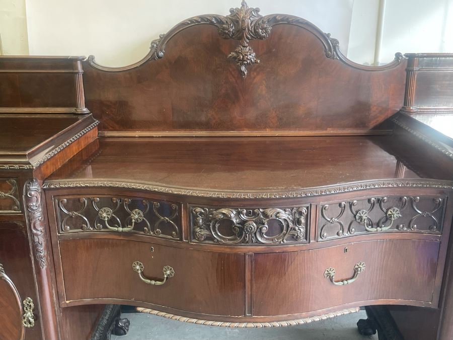 Exquisite Antique Carved Mahogany Wooden Pedestal Sideboard Buffet With Ball And Claw Feet And Felt Lined Silver Storage Compartments (Middle Section Is Supported By Dowels And Needs To Be Screwed In) 95W X 26D X 59H [Photo 14]