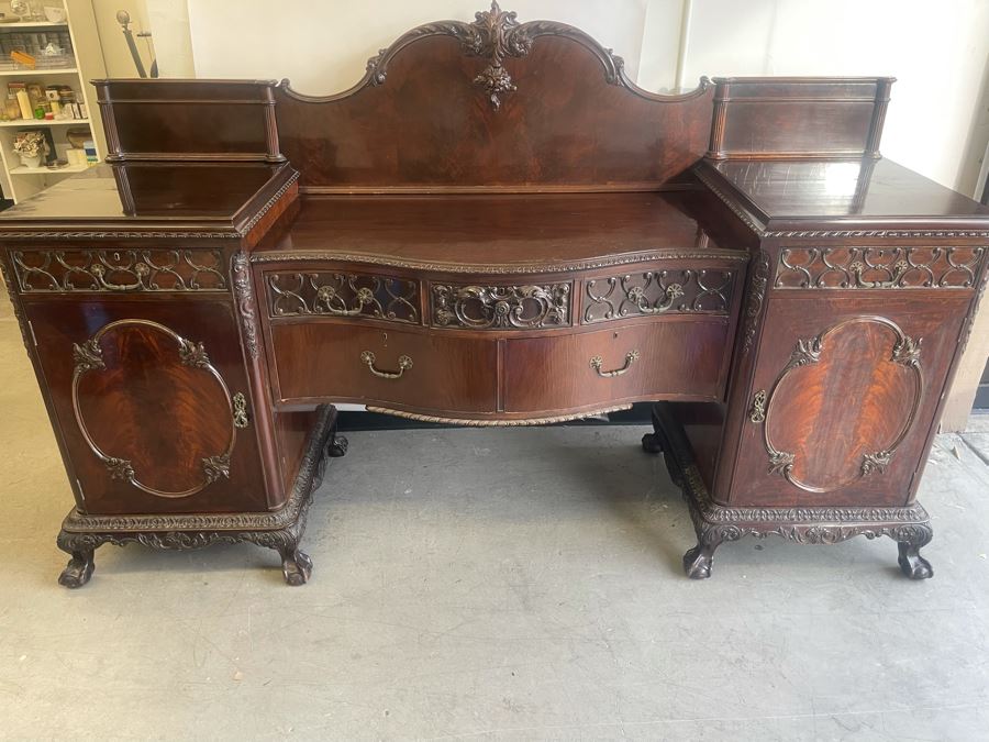 Exquisite Antique Carved Mahogany Wooden Pedestal Sideboard Buffet With Ball And Claw Feet And Felt Lined Silver Storage Compartments (Middle Section Is Supported By Dowels And Needs To Be Screwed In) 95W X 26D X 59H [Photo 3]