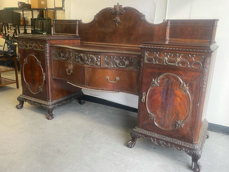 Exquisite Antique Carved Mahogany Wooden Pedestal Sideboard Buffet With Ball And Claw Feet And Felt Lined Silver Storage Compartments (Middle Section Is Supported By Dowels And Needs To Be Screwed In) 95W X 26D X 59H [Photo 9]