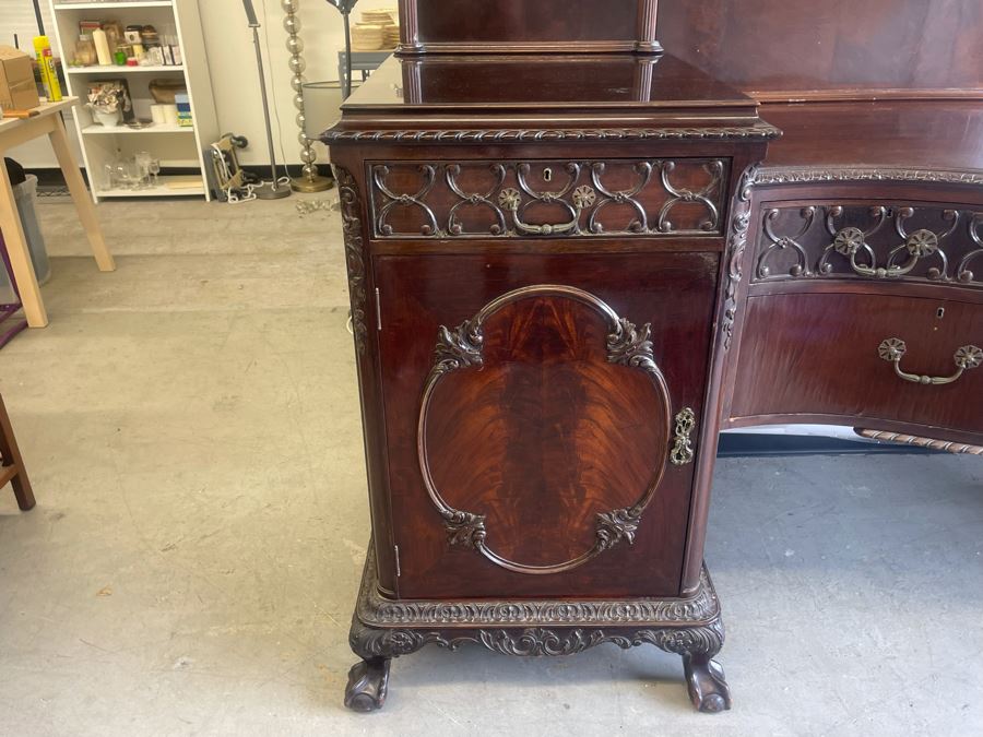 Exquisite Antique Carved Mahogany Wooden Pedestal Sideboard Buffet With Ball And Claw Feet And Felt Lined Silver Storage Compartments (Middle Section Is Supported By Dowels And Needs To Be Screwed In) 95W X 26D X 59H [Photo 15]