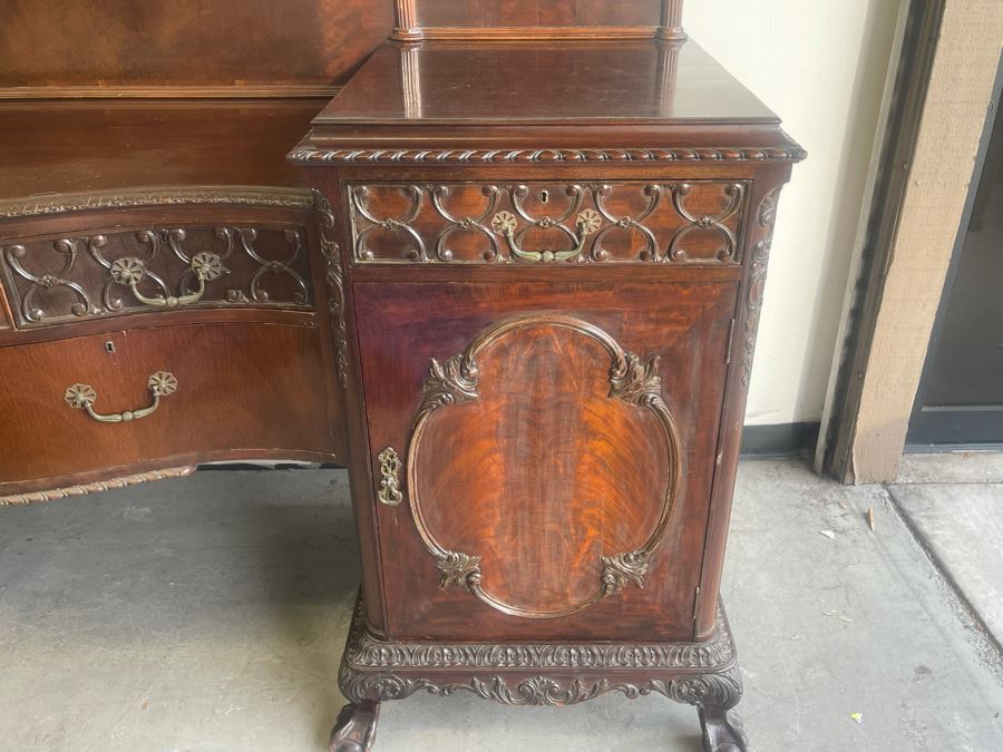 Exquisite Antique Carved Mahogany Wooden Pedestal Sideboard Buffet With Ball And Claw Feet And Felt Lined Silver Storage Compartments (Middle Section Is Supported By Dowels And Needs To Be Screwed In) 95W X 26D X 59H [Photo 12]
