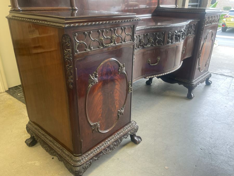 Exquisite Antique Carved Mahogany Wooden Pedestal Sideboard Buffet With Ball And Claw Feet And Felt Lined Silver Storage Compartments (Middle Section Is Supported By Dowels And Needs To Be Screwed In) 95W X 26D X 59H [Photo 17]