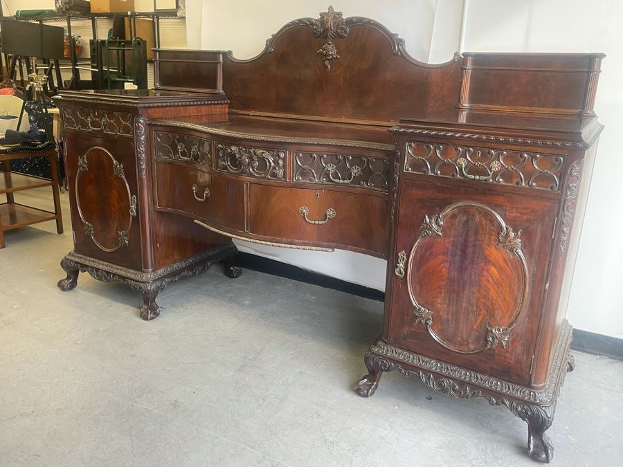 Exquisite Antique Carved Mahogany Wooden Pedestal Sideboard Buffet With Ball And Claw Feet And Felt Lined Silver Storage Compartments (Middle Section Is Supported By Dowels And Needs To Be Screwed In) 95W X 26D X 59H [Photo 8]