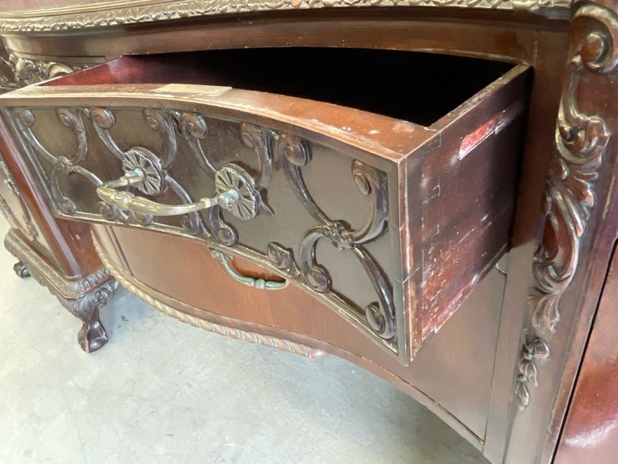 Exquisite Antique Carved Mahogany Wooden Pedestal Sideboard Buffet With Ball And Claw Feet And Felt Lined Silver Storage Compartments (Middle Section Is Supported By Dowels And Needs To Be Screwed In) 95W X 26D X 59H [Photo 25]