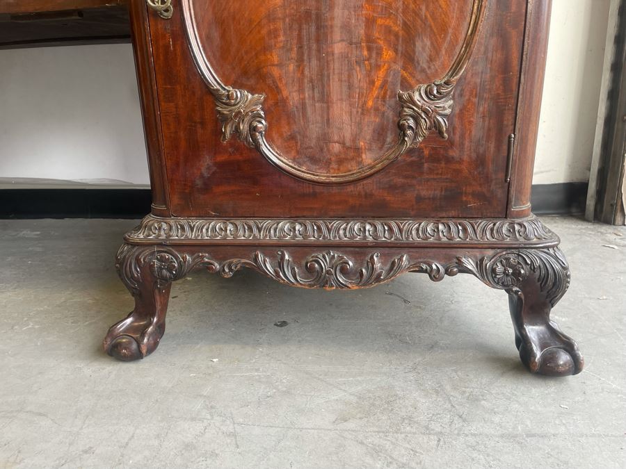 Exquisite Antique Carved Mahogany Wooden Pedestal Sideboard Buffet With Ball And Claw Feet And Felt Lined Silver Storage Compartments (Middle Section Is Supported By Dowels And Needs To Be Screwed In) 95W X 26D X 59H [Photo 31]
