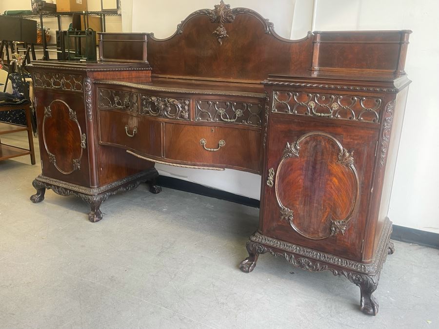 Exquisite Antique Carved Mahogany Wooden Pedestal Sideboard Buffet With Ball And Claw Feet And Felt Lined Silver Storage Compartments (Middle Section Is Supported By Dowels And Needs To Be Screwed In) 95W X 26D X 59H [Photo 10]