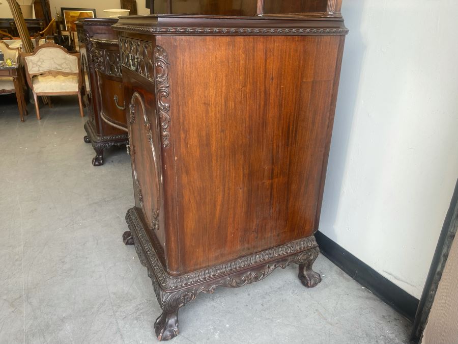 Exquisite Antique Carved Mahogany Wooden Pedestal Sideboard Buffet With Ball And Claw Feet And Felt Lined Silver Storage Compartments (Middle Section Is Supported By Dowels And Needs To Be Screwed In) 95W X 26D X 59H [Photo 35]
