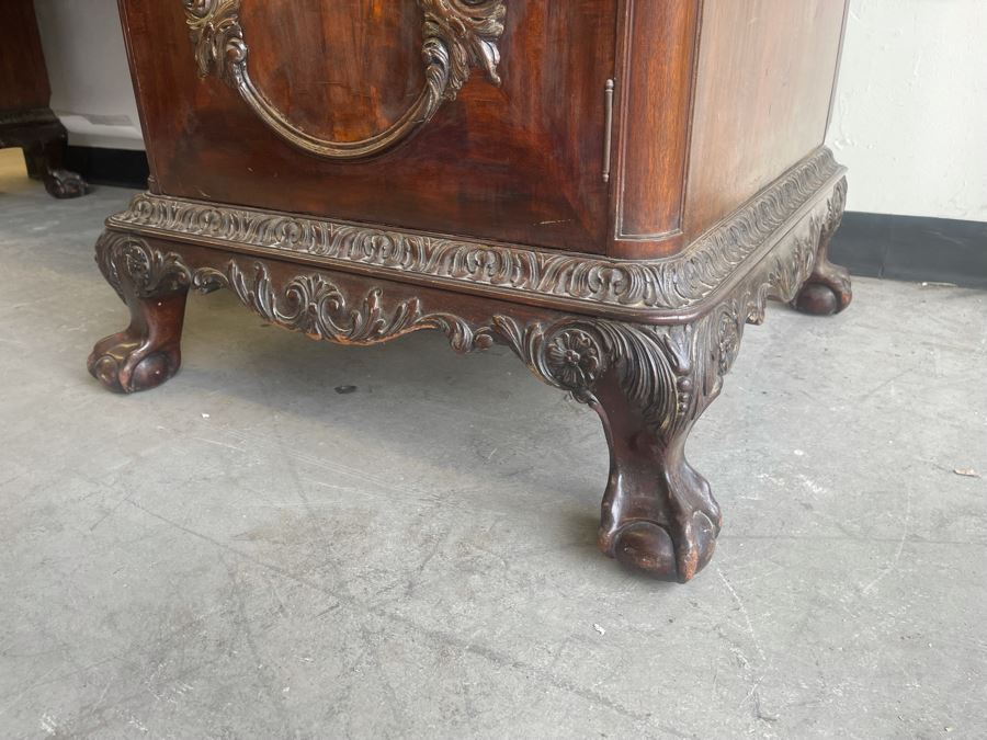 Exquisite Antique Carved Mahogany Wooden Pedestal Sideboard Buffet With Ball And Claw Feet And Felt Lined Silver Storage Compartments (Middle Section Is Supported By Dowels And Needs To Be Screwed In) 95W X 26D X 59H [Photo 32]