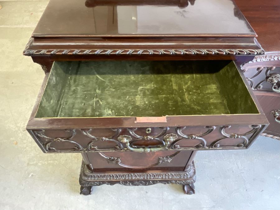 Exquisite Antique Carved Mahogany Wooden Pedestal Sideboard Buffet With Ball And Claw Feet And Felt Lined Silver Storage Compartments (Middle Section Is Supported By Dowels And Needs To Be Screwed In) 95W X 26D X 59H [Photo 27]