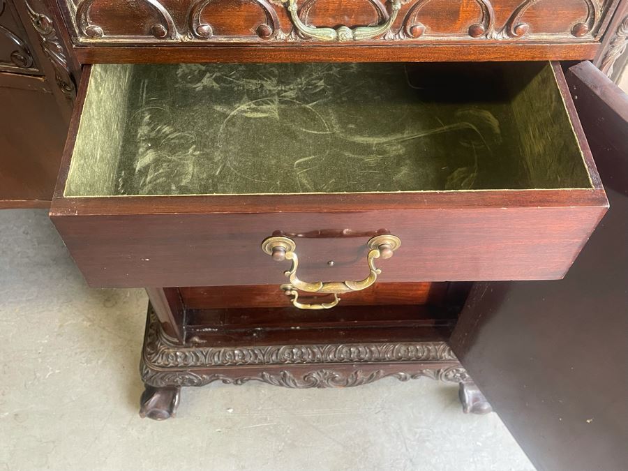 Exquisite Antique Carved Mahogany Wooden Pedestal Sideboard Buffet With Ball And Claw Feet And Felt Lined Silver Storage Compartments (Middle Section Is Supported By Dowels And Needs To Be Screwed In) 95W X 26D X 59H [Photo 23]