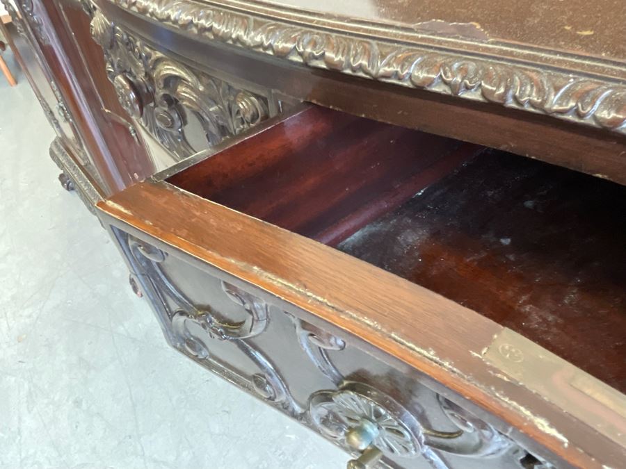 Exquisite Antique Carved Mahogany Wooden Pedestal Sideboard Buffet With Ball And Claw Feet And Felt Lined Silver Storage Compartments (Middle Section Is Supported By Dowels And Needs To Be Screwed In) 95W X 26D X 59H [Photo 26]