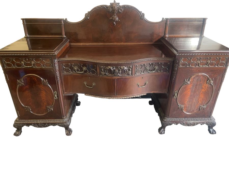 Exquisite Antique Carved Mahogany Wooden Pedestal Sideboard Buffet With Ball And Claw Feet And Felt Lined Silver Storage Compartments (Middle Section Is Supported By Dowels And Needs To Be Screwed In) 95W X 26D X 59H