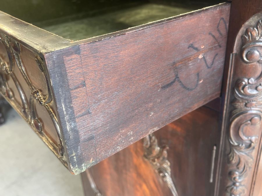 Exquisite Antique Carved Mahogany Wooden Pedestal Sideboard Buffet With Ball And Claw Feet And Felt Lined Silver Storage Compartments (Middle Section Is Supported By Dowels And Needs To Be Screwed In) 95W X 26D X 59H [Photo 19]