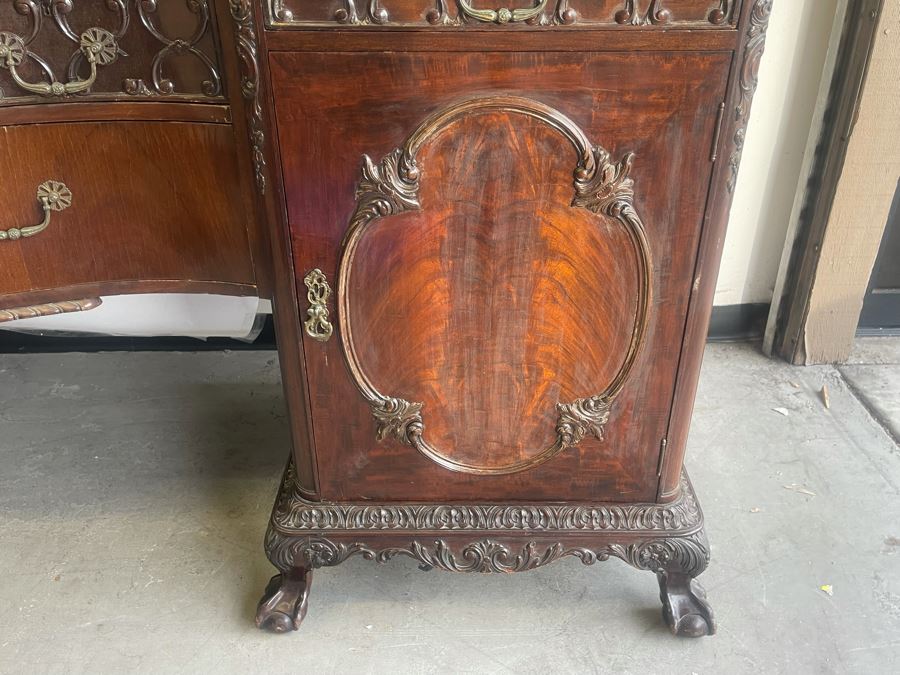 Exquisite Antique Carved Mahogany Wooden Pedestal Sideboard Buffet With Ball And Claw Feet And Felt Lined Silver Storage Compartments (Middle Section Is Supported By Dowels And Needs To Be Screwed In) 95W X 26D X 59H [Photo 11]