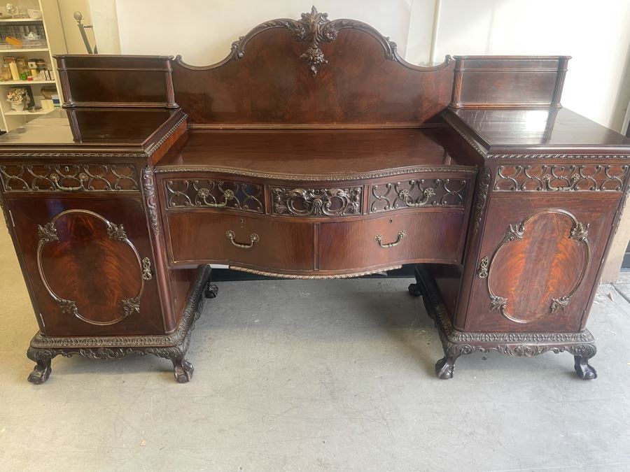 Exquisite Antique Carved Mahogany Wooden Pedestal Sideboard Buffet With Ball And Claw Feet And Felt Lined Silver Storage Compartments (Middle Section Is Supported By Dowels And Needs To Be Screwed In) 95W X 26D X 59H [Photo 2]