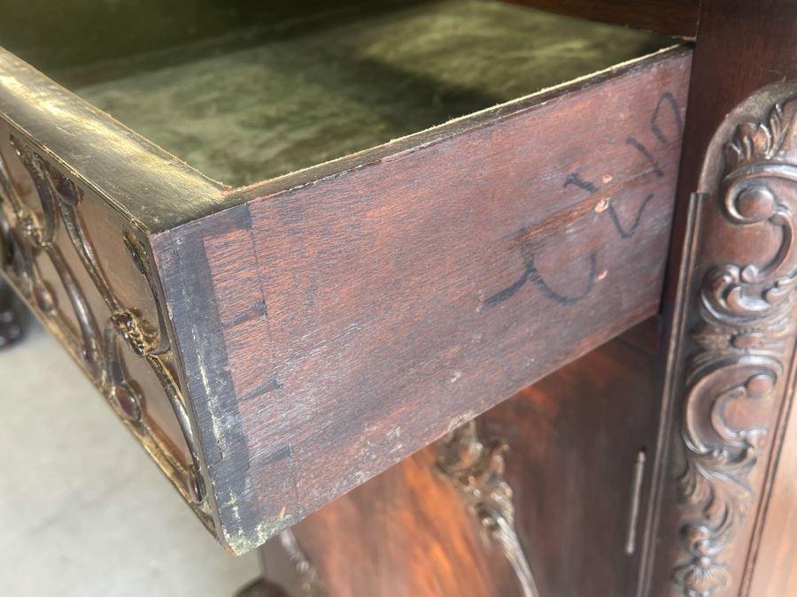 Exquisite Antique Carved Mahogany Wooden Pedestal Sideboard Buffet With Ball And Claw Feet And Felt Lined Silver Storage Compartments (Middle Section Is Supported By Dowels And Needs To Be Screwed In) 95W X 26D X 59H [Photo 20]