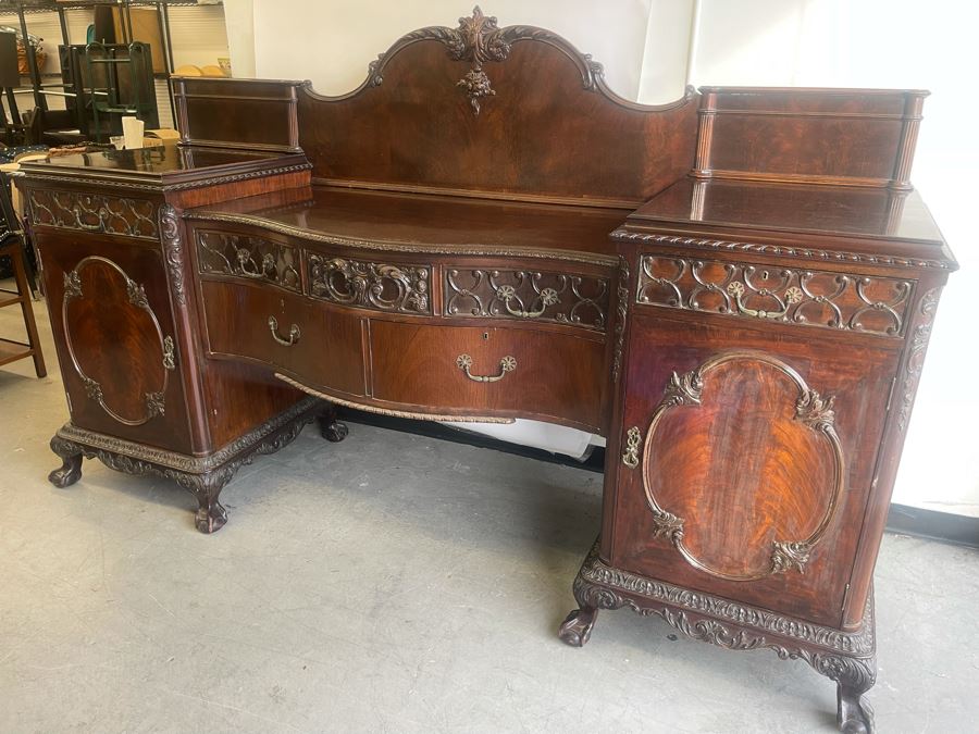 Exquisite Antique Carved Mahogany Wooden Pedestal Sideboard Buffet With Ball And Claw Feet And Felt Lined Silver Storage Compartments (Middle Section Is Supported By Dowels And Needs To Be Screwed In) 95W X 26D X 59H [Photo 6]