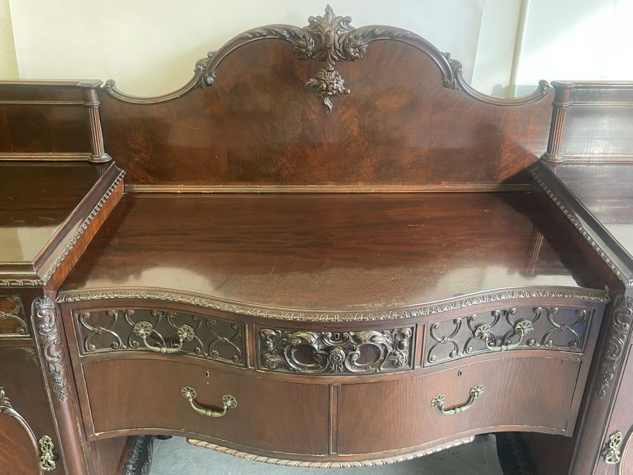 Exquisite Antique Carved Mahogany Wooden Pedestal Sideboard Buffet With Ball And Claw Feet And Felt Lined Silver Storage Compartments (Middle Section Is Supported By Dowels And Needs To Be Screwed In) 95W X 26D X 59H [Photo 13]