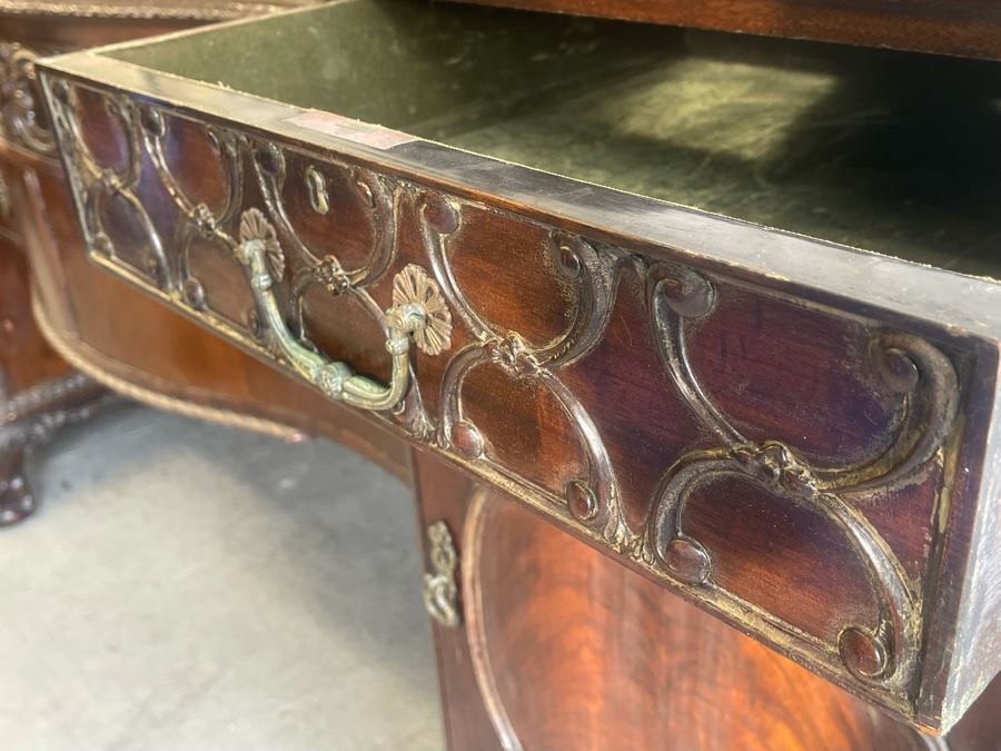 Exquisite Antique Carved Mahogany Wooden Pedestal Sideboard Buffet With Ball And Claw Feet And Felt Lined Silver Storage Compartments (Middle Section Is Supported By Dowels And Needs To Be Screwed In) 95W X 26D X 59H [Photo 22]