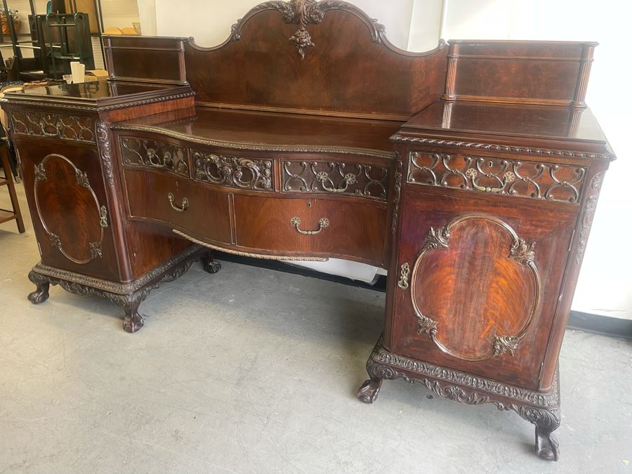 Exquisite Antique Carved Mahogany Wooden Pedestal Sideboard Buffet With Ball And Claw Feet And Felt Lined Silver Storage Compartments (Middle Section Is Supported By Dowels And Needs To Be Screwed In) 95W X 26D X 59H [Photo 5]