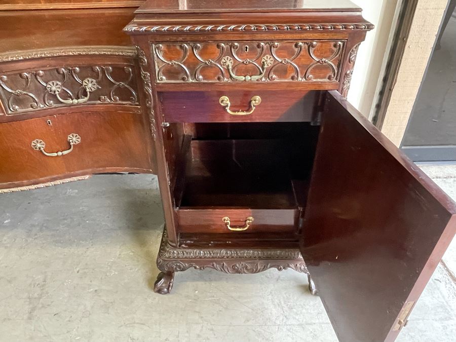Exquisite Antique Carved Mahogany Wooden Pedestal Sideboard Buffet With Ball And Claw Feet And Felt Lined Silver Storage Compartments (Middle Section Is Supported By Dowels And Needs To Be Screwed In) 95W X 26D X 59H [Photo 24]