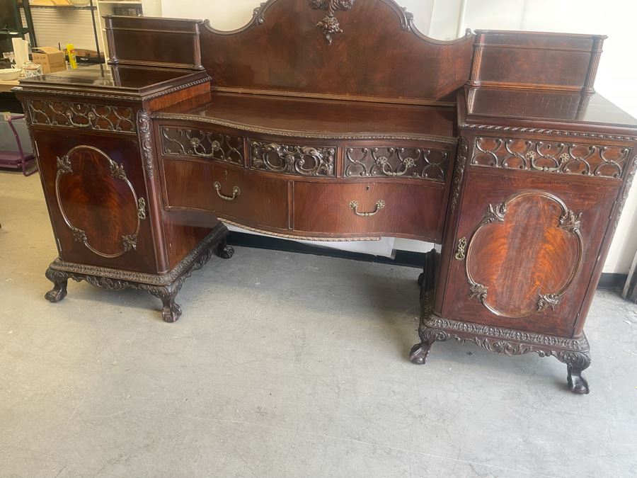 Exquisite Antique Carved Mahogany Wooden Pedestal Sideboard Buffet With Ball And Claw Feet And Felt Lined Silver Storage Compartments (Middle Section Is Supported By Dowels And Needs To Be Screwed In) 95W X 26D X 59H [Photo 4]